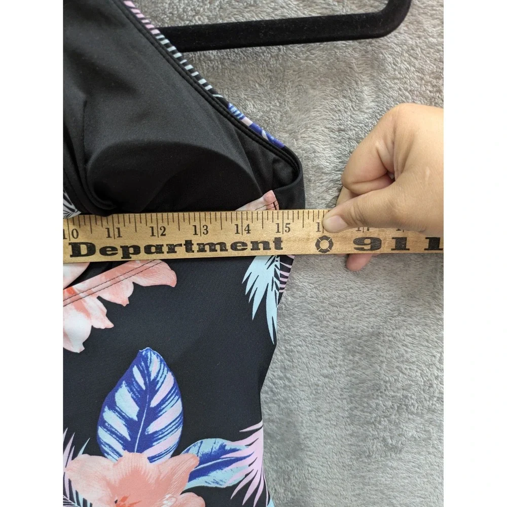 DKNY Swimsuit Womens XL Halter Shirred Floral‎ Print Black One Piece Retail $118 - Picture 7 of 11